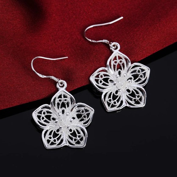 Gorgeous 3D Flower .925 Sterling Silver Hanging Earrings " Hypoallergenic " - Picture 2 of 8